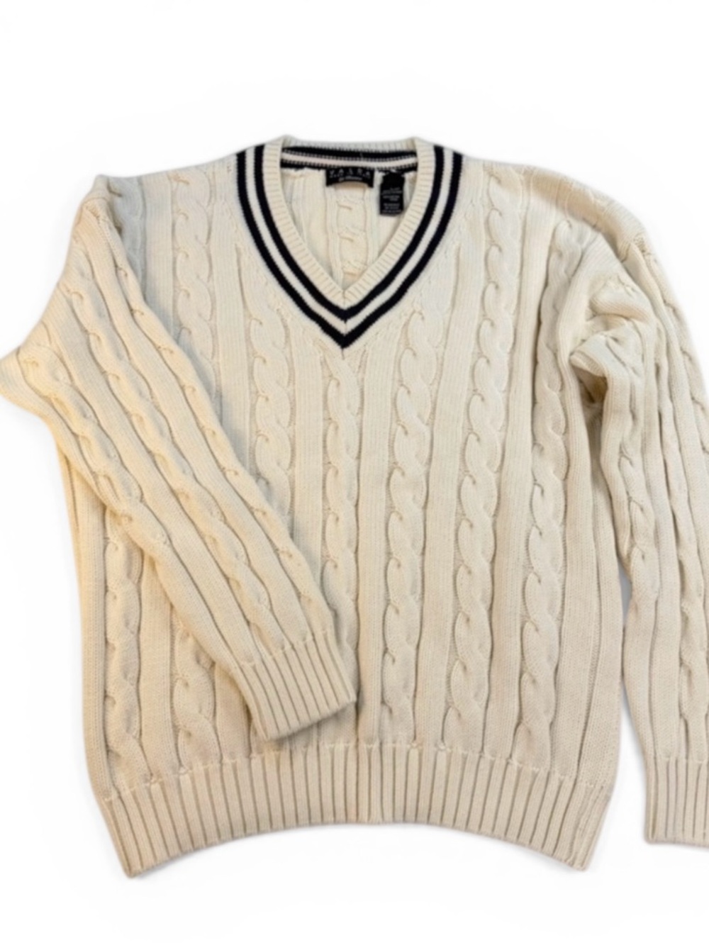 Italian Cotton Cable Knit V-Neck Sweater with Navy Trim Large